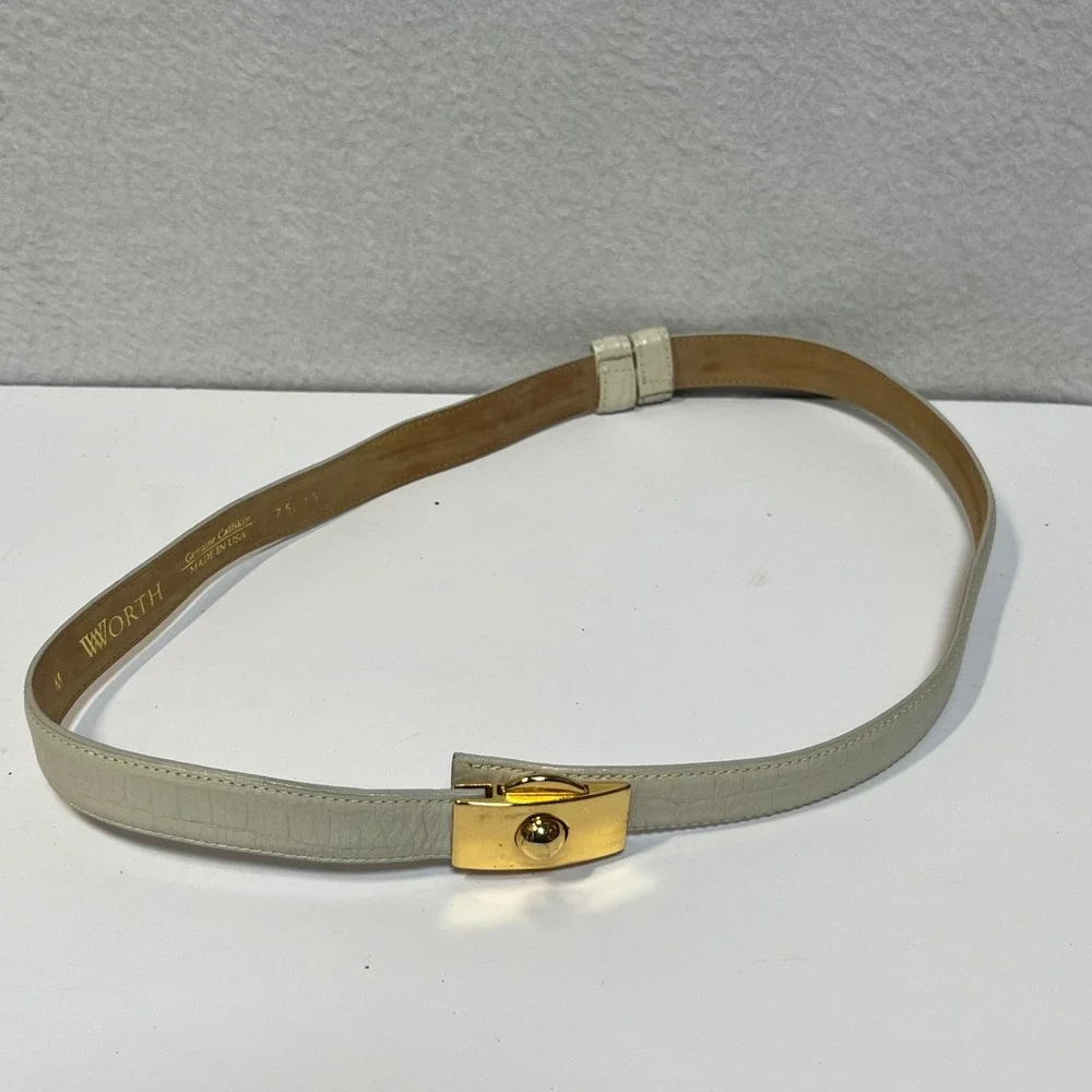 Worth Womens Belt Medium Cream Genuine Calfskin Leather Gold Slide‎ Buckle USA